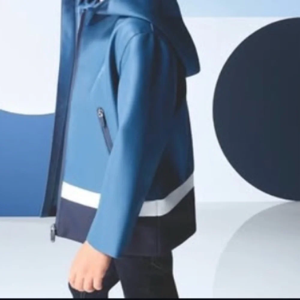 Kids Blue Hooded Rain Jacket with Reflective Trim